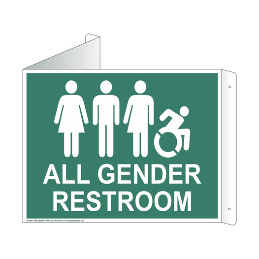 Pine Green Triangle-Mount ALL GENDER RESTROOM Sign With Dynamic Accessibility Symbol RRE-25296Tri-White_on_PineGreen