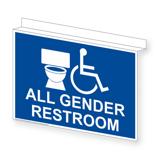 Blue Ceiling-Mount Accessible ALL GENDER RESTROOM Sign With Symbol RRE-25302Ceiling-White_on_Blue