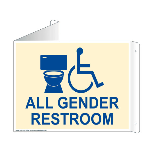 Ivory Triangle-Mount Accessible ALL GENDER RESTROOM Sign With Symbol RRE-25302Tri-Blue_on_Ivory