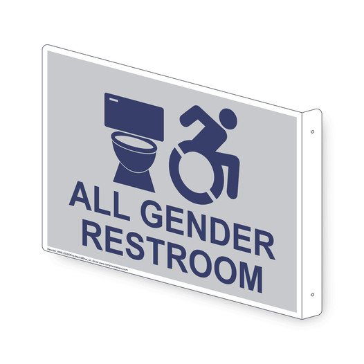 Projection-Mount Silver ALL GENDER RESTROOM Sign With Dynamic Accessibility Symbol RRE-25305Proj-MarineBlue_on_Silver