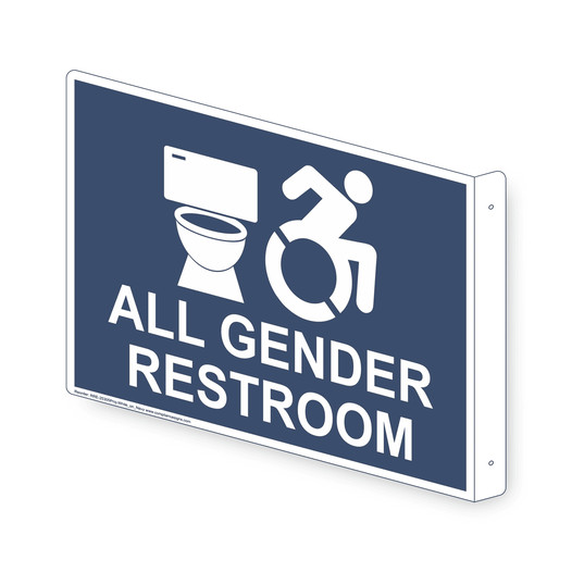 Projection-Mount Navy ALL GENDER RESTROOM Sign With Dynamic Accessibility Symbol RRE-25305Proj-White_on_Navy