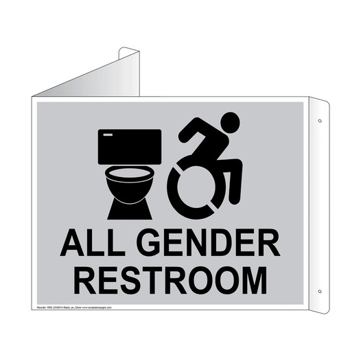 Silver Triangle-Mount ALL GENDER RESTROOM Sign With Dynamic Accessibility Symbol RRE-25305Tri-Black_on_Silver