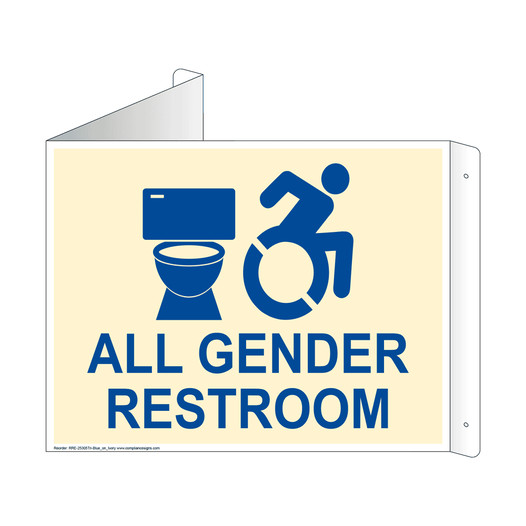 Ivory Triangle-Mount ALL GENDER RESTROOM Sign With Dynamic Accessibility Symbol RRE-25305Tri-Blue_on_Ivory