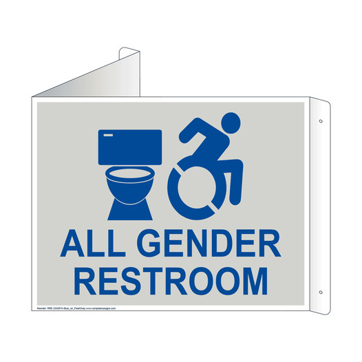 Pearl Gray Triangle-Mount ALL GENDER RESTROOM Sign With Dynamic Accessibility Symbol RRE-25305Tri-Blue_on_PearlGray