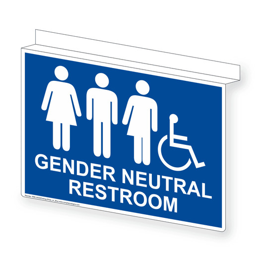 Blue Ceiling-Mount Accessible GENDER NEUTRAL RESTROOM Sign With Symbol RRE-25320Ceiling-White_on_Blue