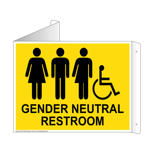 Yellow Triangle-Mount Accessible GENDER NEUTRAL RESTROOM Sign With Symbol RRE-25320Tri-Black_on_Yellow