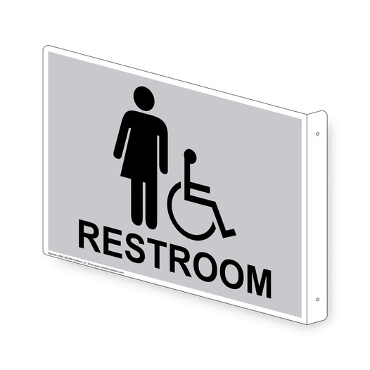 Projection-Mount Silver Accessible RESTROOM Sign With Symbol RRE-25338Proj-Black_on_Silver