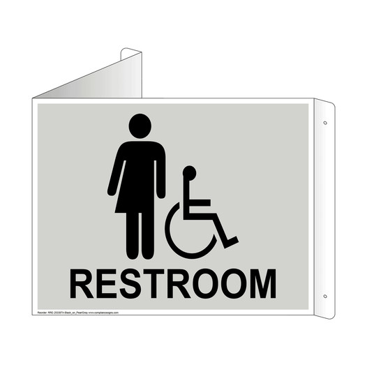 Pearl Gray Triangle-Mount Accessible Unisex RESTROOM Sign With Symbol RRE-25338Tri-Black_on_PearlGray