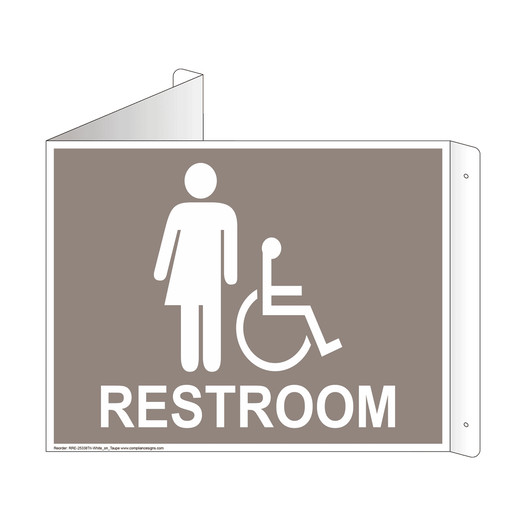 Taupe Triangle-Mount Accessible Unisex RESTROOM Sign With Symbol RRE-25338Tri-White_on_Taupe