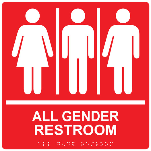 Square Red ADA Braille ALL GENDER RESTROOM Sign - RRE-25413-99_White_on_Red