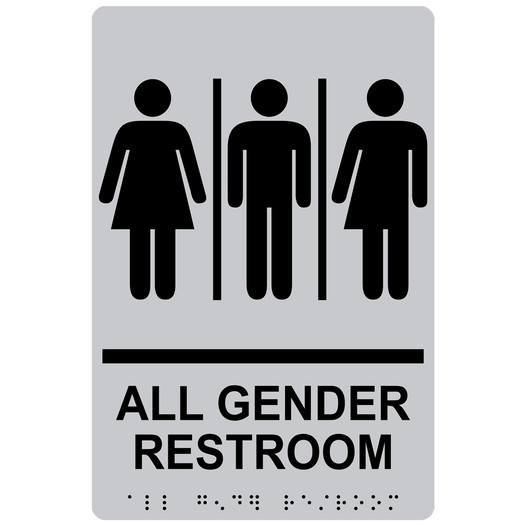 Silver ADA Braille ALL GENDER RESTROOM Sign with Symbol RRE-25413_Black_on_Silver