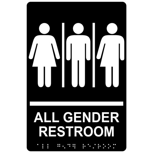 Black ADA Braille ALL GENDER RESTROOM Sign with Symbol RRE-25413_White_on_Black