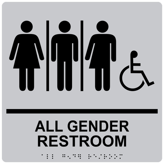 Square Silver ADA Braille Accessible ALL GENDER RESTROOM Sign - RRE-25416-99_Black_on_Silver