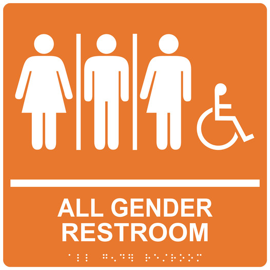 Square Orange ADA Braille Accessible ALL GENDER RESTROOM Sign - RRE-25416-99_White_on_Orange