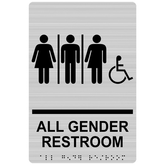 Brushed Silver ADA Braille Accessible ALL GENDER RESTROOM Sign with Symbol RRE-25416_Black_on_BrushedSilver