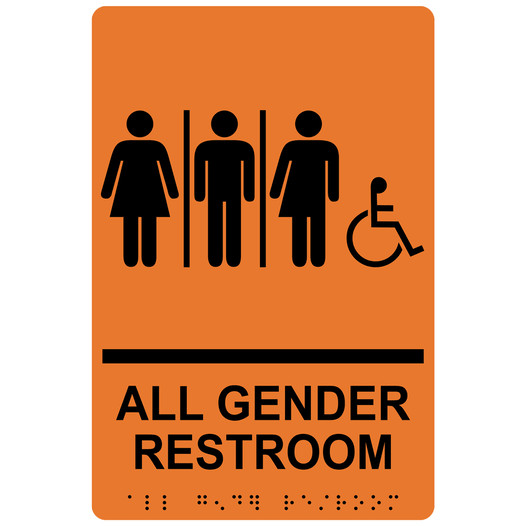 Orange ADA Braille Accessible ALL GENDER RESTROOM Sign with Symbol RRE-25416_Black_on_Orange
