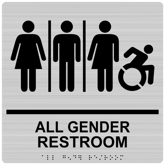 Square Brushed Silver Braille ALL GENDER RESTROOM Sign with Dynamic Accessibility Symbol RRE-25419-99_Black_on_BrushedSilver