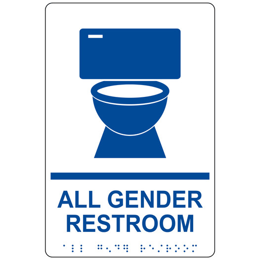 White ADA Braille ALL GENDER RESTROOM Sign with Symbol RRE-25422_Blue_on_White