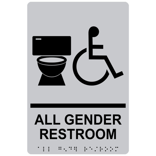 Silver ADA Braille Accessible ALL GENDER RESTROOM Sign with Symbol RRE-25425_Black_on_Silver