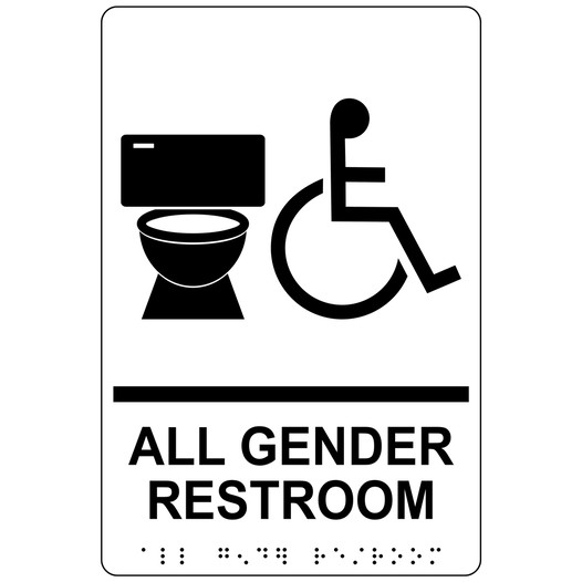 White ADA Braille Accessible ALL GENDER RESTROOM Sign with Symbol RRE-25425_Black_on_White