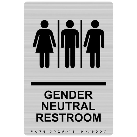Brushed Silver ADA Braille GENDER NEUTRAL RESTROOM Sign with Symbol RRE-25440_Black_on_BrushedSilver