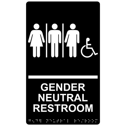 Black ADA Braille Accessible GENDER NEUTRAL RESTROOM Sign with Symbol RRE-25443_White_on_Black