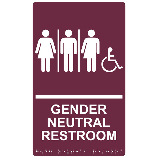 Burgundy ADA Braille Accessible GENDER NEUTRAL RESTROOM Sign with Symbol RRE-25443_White_on_Burgundy