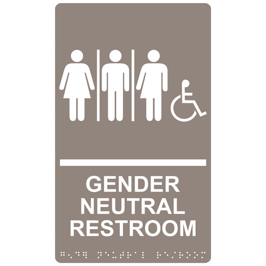 Taupe ADA Braille Accessible GENDER NEUTRAL RESTROOM Sign with Symbol RRE-25443_White_on_Taupe