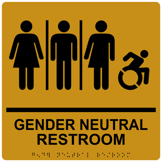 Square Gold Braille GENDER NEUTRAL RESTROOM Sign with Dynamic Accessibility Symbol - RRE-25443R-99_Black_on_Gold
