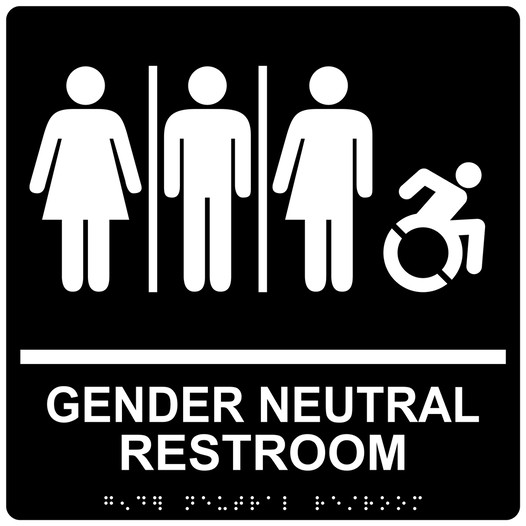 Square Black Braille GENDER NEUTRAL RESTROOM Sign with Dynamic Accessibility Symbol - RRE-25443R-99_White_on_Black
