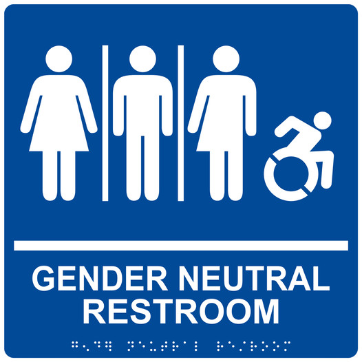 Square Blue Braille GENDER NEUTRAL RESTROOM Sign with Dynamic Accessibility Symbol - RRE-25443R-99_White_on_Blue