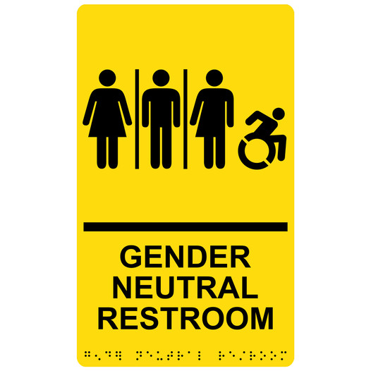 Yellow Braille GENDER NEUTRAL RESTROOM Sign with Dynamic Accessibility Symbol RRE-25443R_Black_on_Yellow