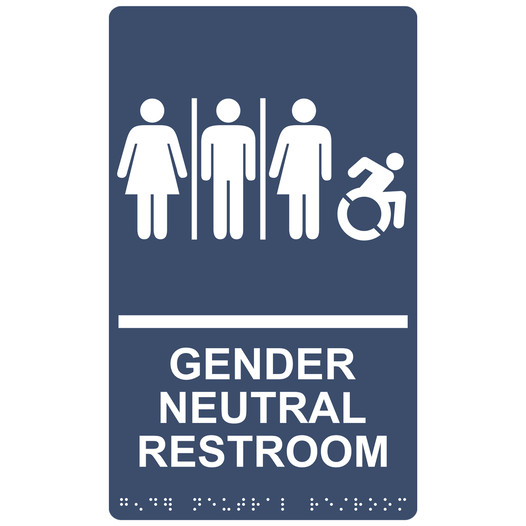Navy Braille GENDER NEUTRAL RESTROOM Sign with Dynamic Accessibility Symbol RRE-25443R_White_on_Navy