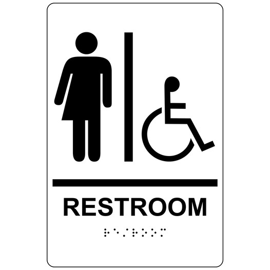 White ADA Braille Accessible Gender Neutral RESTROOM Sign with Symbol RRE-25461_Black_on_White