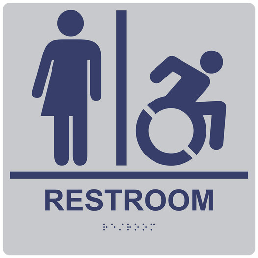 Square Silver Braille RESTROOM Sign with Dynamic Accessibility Symbol - RRE-25461R-99_MarineBlue_on_Silver