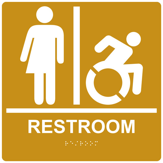Square Gold Braille RESTROOM Sign with Dynamic Accessibility Symbol - RRE-25461R-99_White_on_Gold