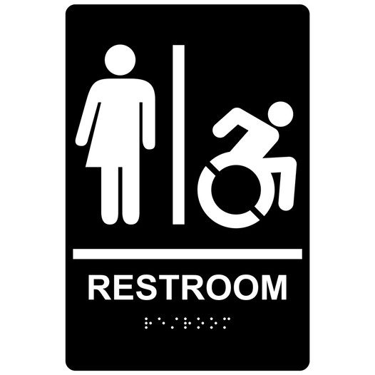 Black Braille RESTROOM Sign with Dynamic Accessibility Symbol RRE-25461R_White_on_Black