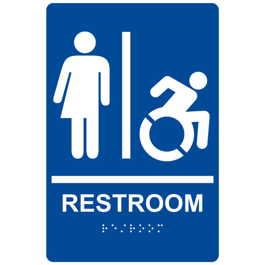 Blue Braille RESTROOM Sign with Dynamic Accessibility Symbol RRE-25461R_White_on_Blue