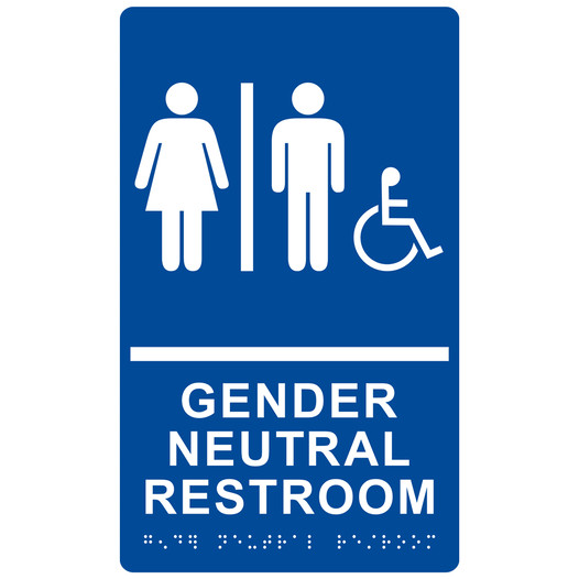 Blue ADA Braille Accessible GENDER NEUTRAL RESTROOM Sign with Symbol RRE-31036_White_on_Blue