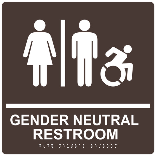 Square Dark Brown Braille GENDER NEUTRAL RESTROOM Sign with Dynamic Accessibility Symbol - RRE-31036R-99_White_on_DarkBrown