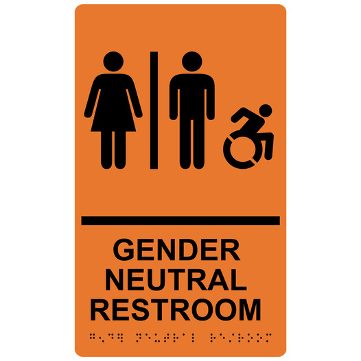 Orange Braille GENDER NEUTRAL RESTROOM Sign with Dynamic Accessibility Symbol RRE-31036R_Black_on_Orange