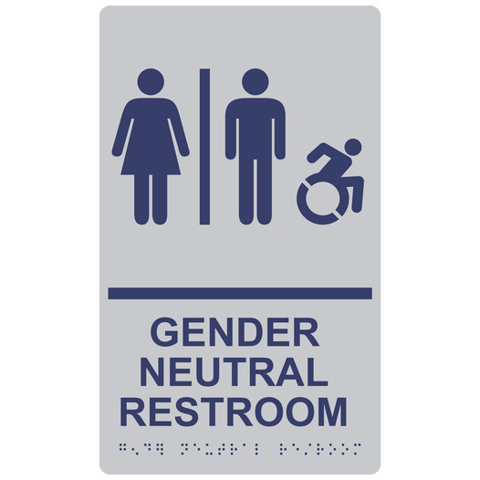 Silver Braille GENDER NEUTRAL RESTROOM Sign with Dynamic Accessibility Symbol RRE-31036R_MarineBlue_on_Silver