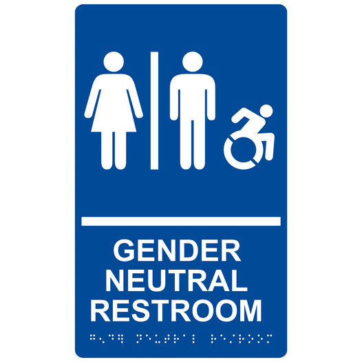 Blue Braille GENDER NEUTRAL RESTROOM Sign with Dynamic Accessibility Symbol RRE-31036R_White_on_Blue