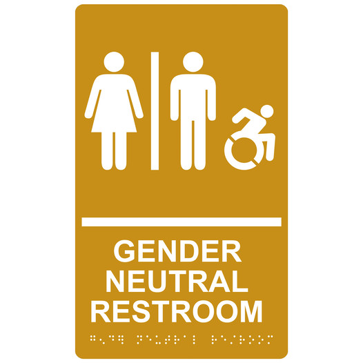 Gold Braille GENDER NEUTRAL RESTROOM Sign with Dynamic Accessibility Symbol RRE-31036R_White_on_Gold