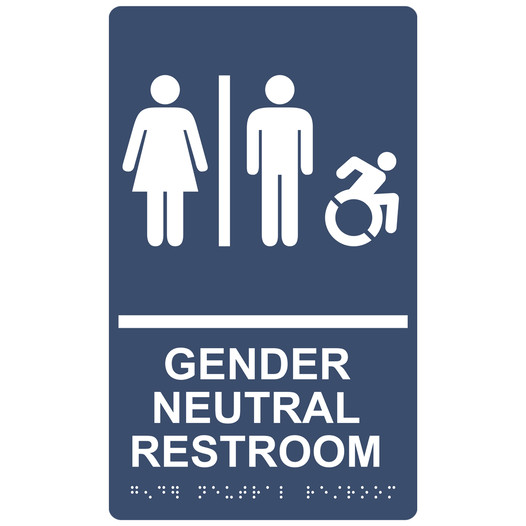 Navy Braille GENDER NEUTRAL RESTROOM Sign with Dynamic Accessibility Symbol RRE-31036R_White_on_Navy