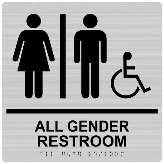 Square Brushed Silver ADA Braille ALL GENDER RESTROOM Sign RRE-31960-99_Black_on_BrushedSilver