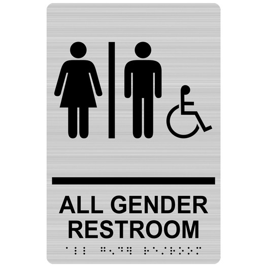 Brushed Silver ADA Braille Accessible ALL GENDER RESTROOM Sign with Symbol RRE-31960_Black_on_BrushedSilver