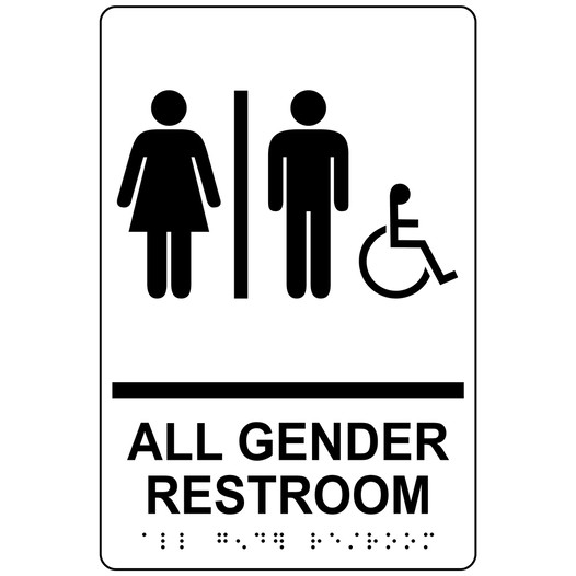 White ADA Braille Accessible ALL GENDER RESTROOM Sign with Symbol RRE-31960_Black_on_White