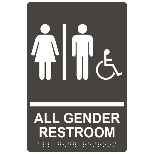 Charcoal Gray ADA Braille Accessible ALL GENDER RESTROOM Sign with Symbol RRE-31960_White_on_CharcoalGray