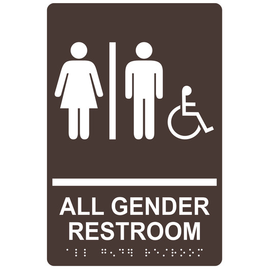 Dark Brown ADA Braille Accessible ALL GENDER RESTROOM Sign with Symbol RRE-31960_White_on_DarkBrown